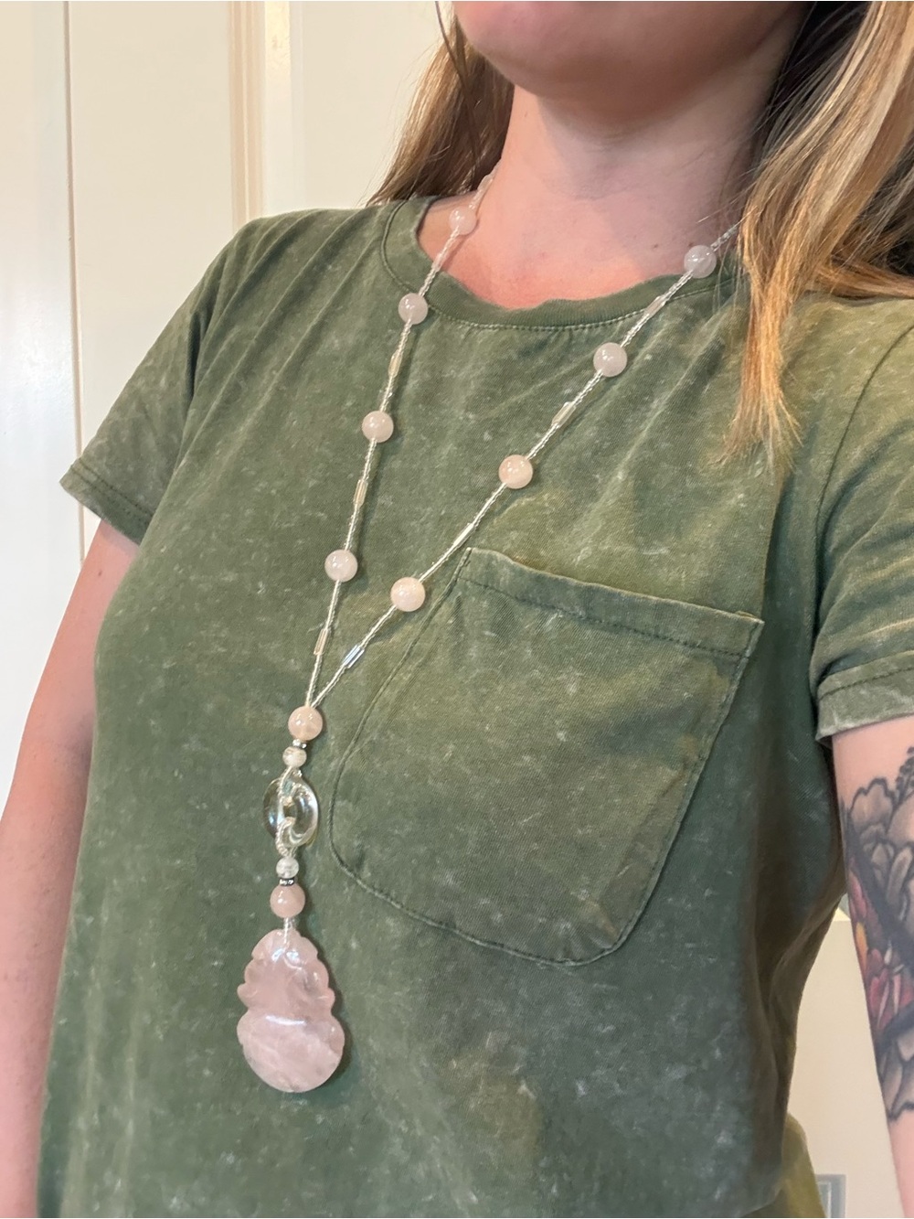 Long Rose Quartz Bead Necklace with Carved Pendant - Women Jewelry